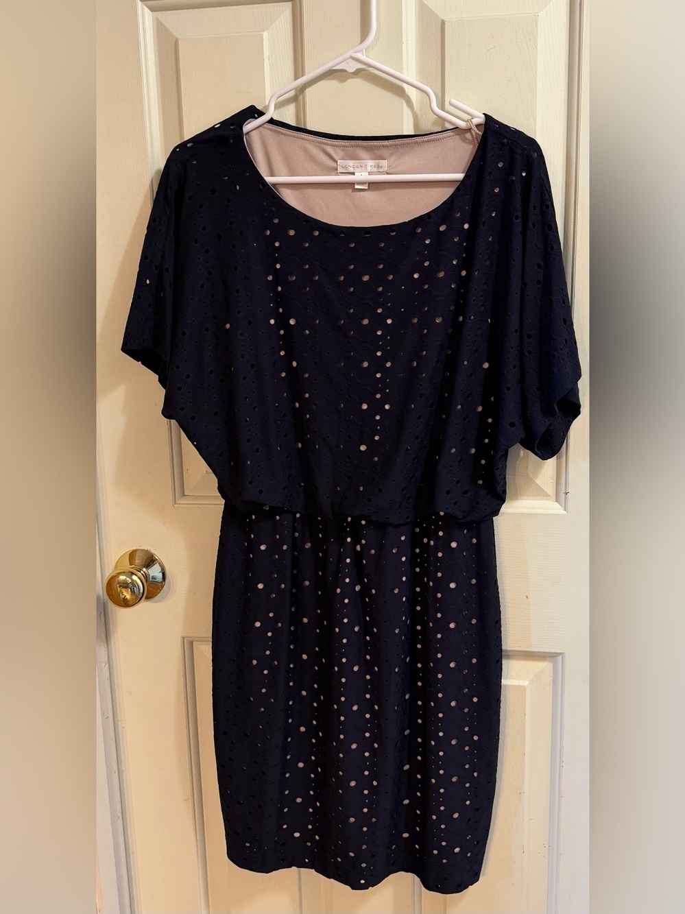 London Times Navy Eyelet Knee Length Dress | 4